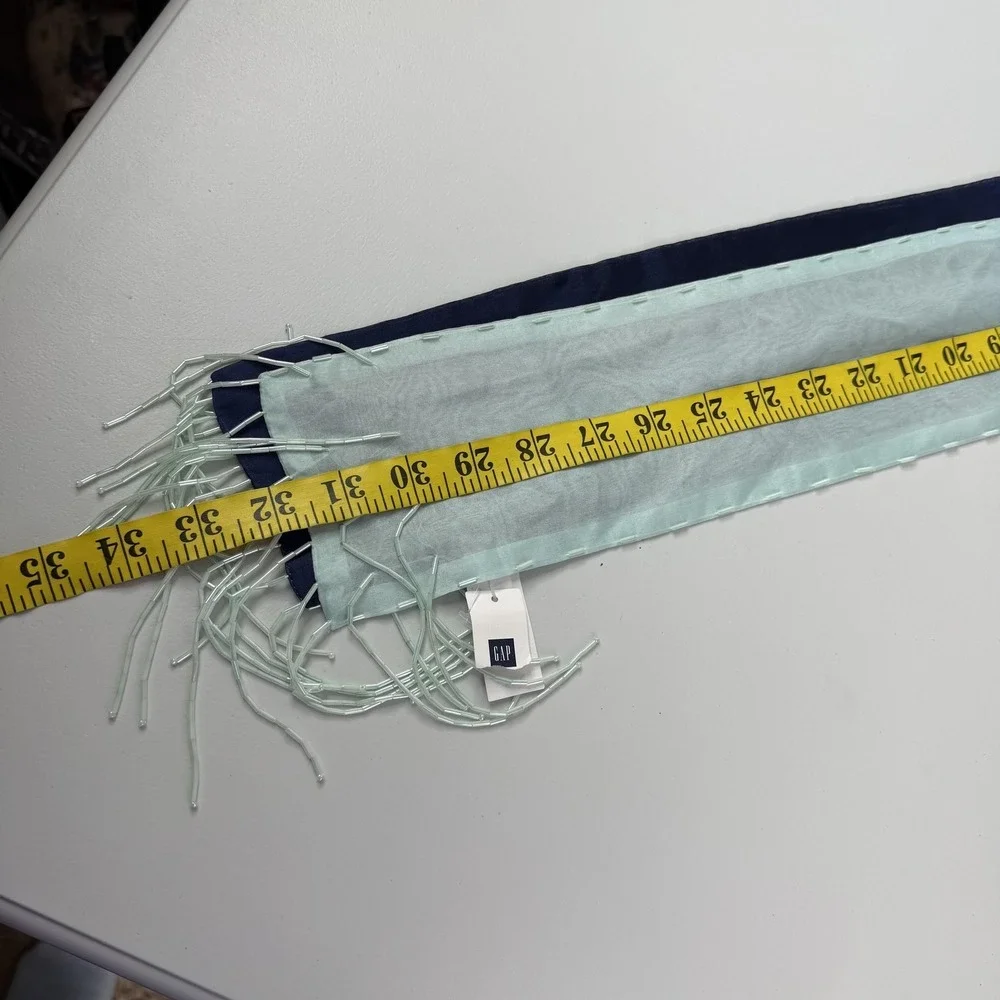 Gap Scarf Womens One Size Blue Silk Beaded‎ Fringe Rectangle Chiffon Lightweight